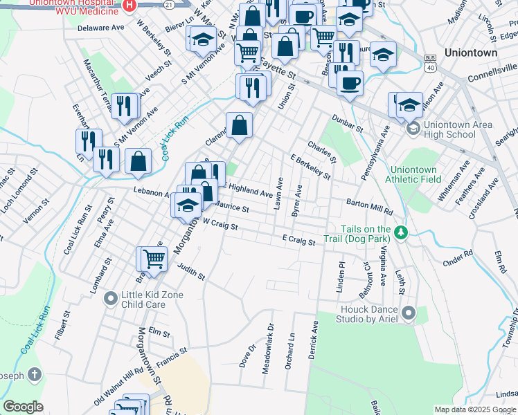 map of restaurants, bars, coffee shops, grocery stores, and more near 24 Maurice Street in Uniontown