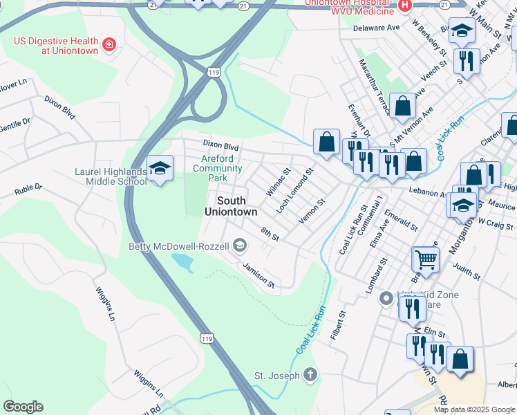 map of restaurants, bars, coffee shops, grocery stores, and more near 7th Street in Uniontown