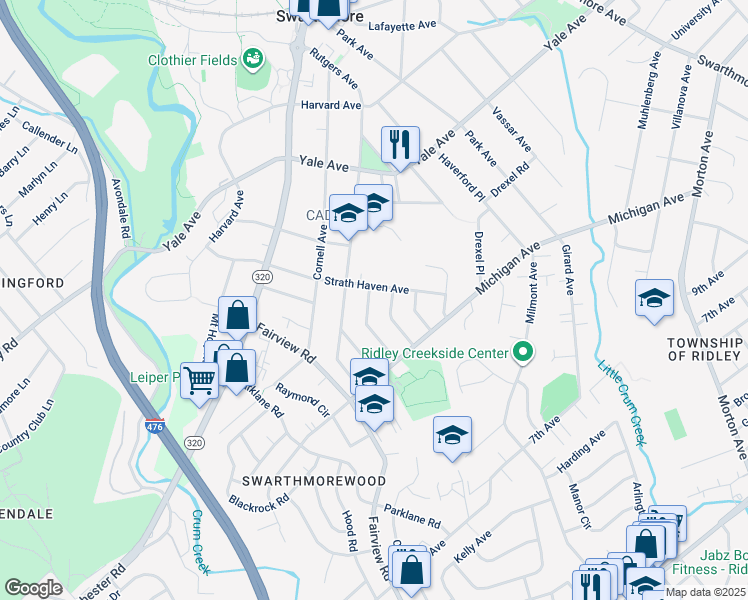 map of restaurants, bars, coffee shops, grocery stores, and more near 509 Westminster Avenue in Swarthmore