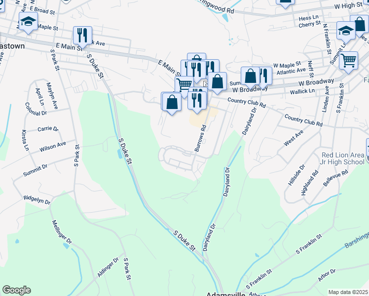 map of restaurants, bars, coffee shops, grocery stores, and more near 244 Country Ridge Drive in Red Lion