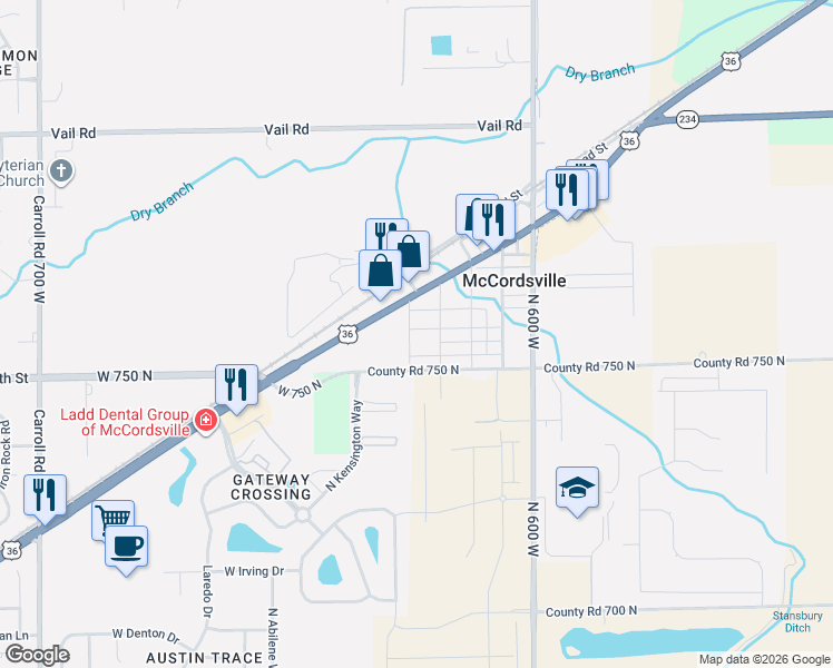 map of restaurants, bars, coffee shops, grocery stores, and more near 7575 North Form Street in McCordsville