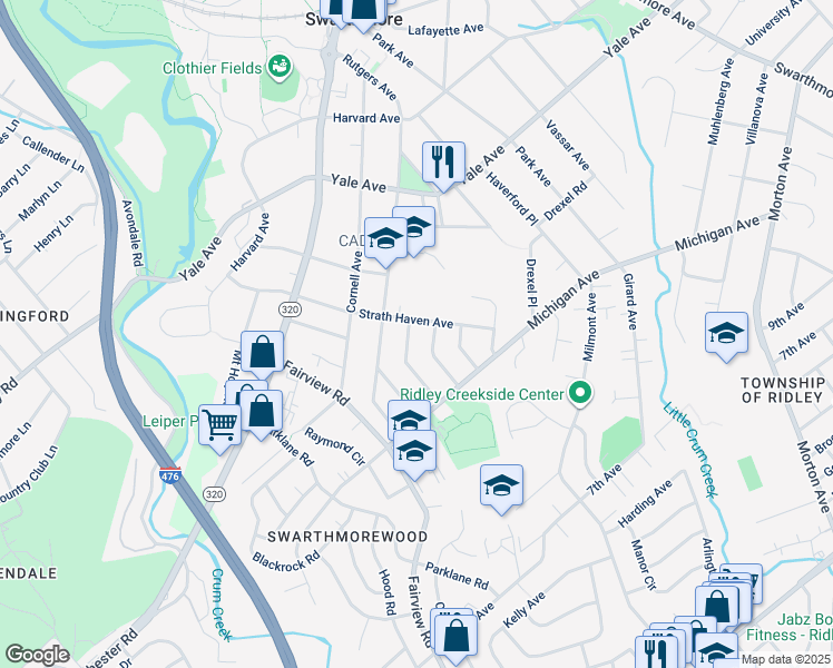 map of restaurants, bars, coffee shops, grocery stores, and more near 509 Westminster Avenue in Swarthmore