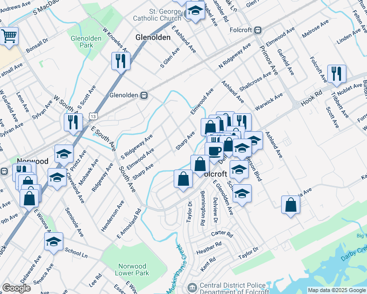 map of restaurants, bars, coffee shops, grocery stores, and more near 305 Sharp Avenue in Glenolden