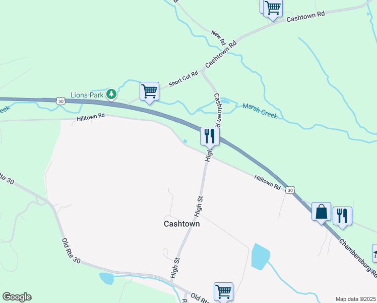 map of restaurants, bars, coffee shops, grocery stores, and more near 1750 Hilltown Road in Biglerville