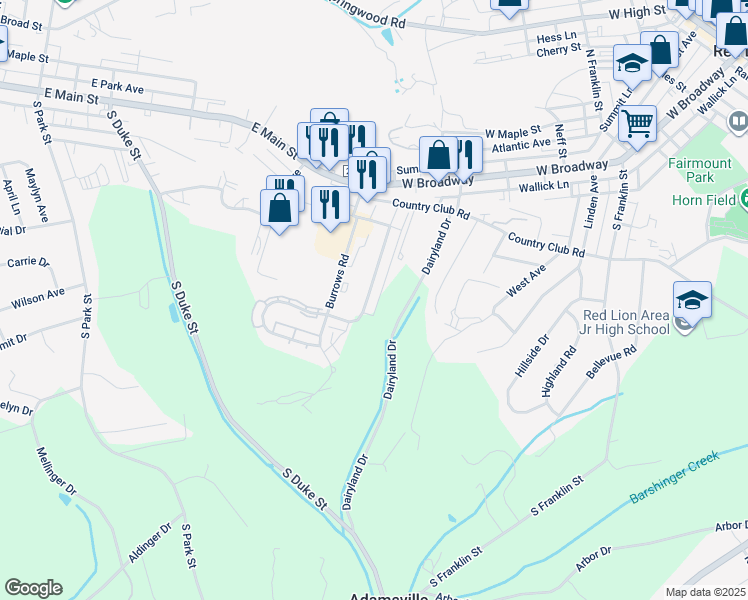 map of restaurants, bars, coffee shops, grocery stores, and more near 179 Country Ridge Drive in Red Lion