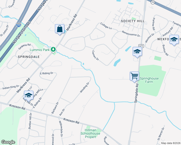 map of restaurants, bars, coffee shops, grocery stores, and more near 1121 Winding Drive in Cherry Hill