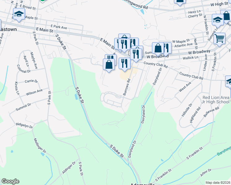 map of restaurants, bars, coffee shops, grocery stores, and more near 238 Country Ridge Drive in Red Lion