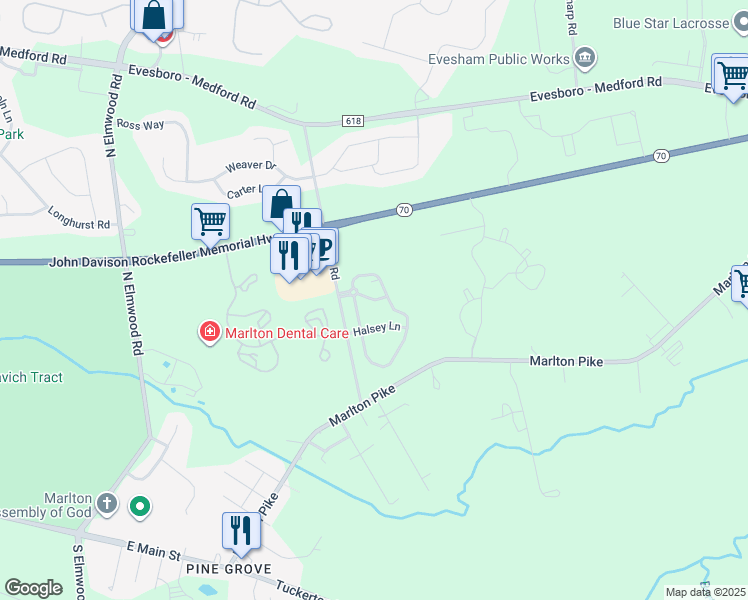 map of restaurants, bars, coffee shops, grocery stores, and more near 108 Daphne Drive in Evesham
