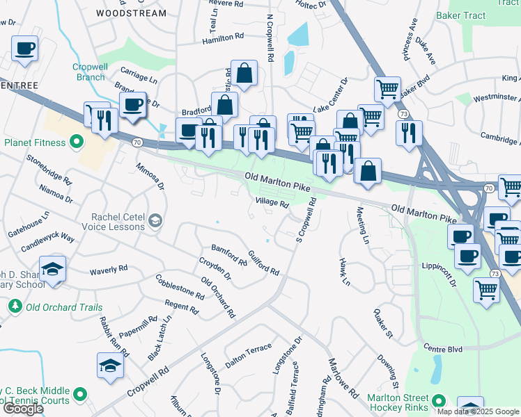 map of restaurants, bars, coffee shops, grocery stores, and more near 247 Fir Tree Court in Evesham