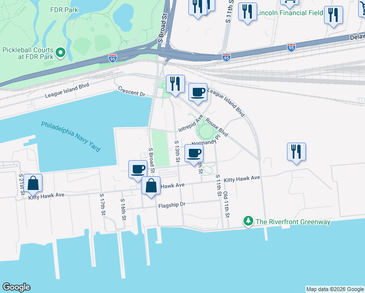 map of restaurants, bars, coffee shops, grocery stores, and more near 4701 South Broad Street in Philadelphia