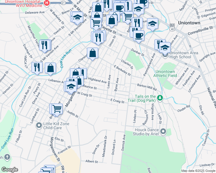 map of restaurants, bars, coffee shops, grocery stores, and more near 95 Lawn Avenue in Uniontown