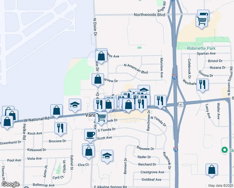 map of restaurants, bars, coffee shops, grocery stores, and more near 109 Maple Street in Vandalia