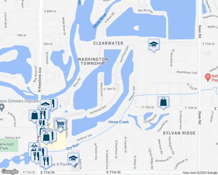 map of restaurants, bars, coffee shops, grocery stores, and more near 3250 East 76th Street in Indianapolis