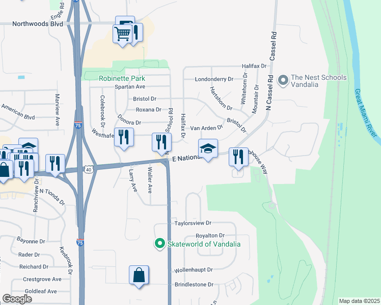 map of restaurants, bars, coffee shops, grocery stores, and more near 949 East National Road in Vandalia