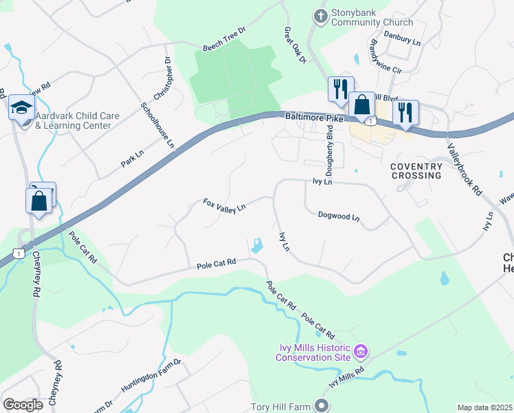 map of restaurants, bars, coffee shops, grocery stores, and more near 14 Fox Valley Lane in Glen Mills