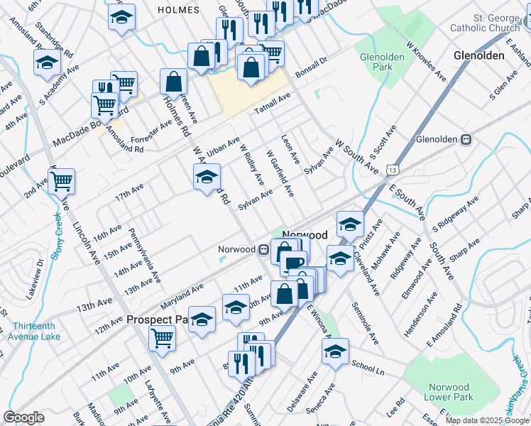map of restaurants, bars, coffee shops, grocery stores, and more near 130 West Ridley Avenue in Norwood