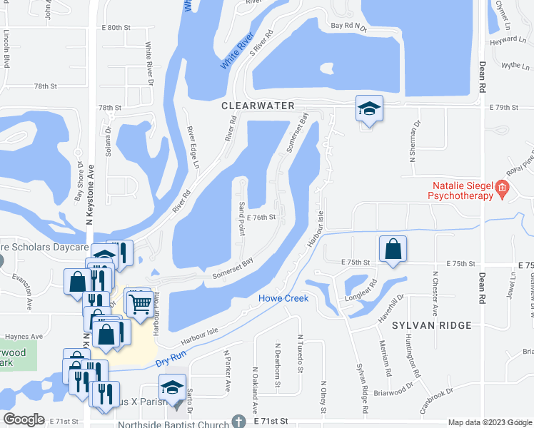 map of restaurants, bars, coffee shops, grocery stores, and more near 3250 East 76th Street in Indianapolis