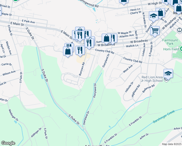 map of restaurants, bars, coffee shops, grocery stores, and more near 177 Country Ridge Drive in Red Lion