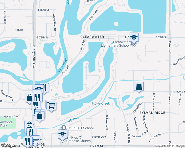 map of restaurants, bars, coffee shops, grocery stores, and more near 3202 East 76th Street in Indianapolis