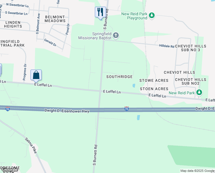 map of restaurants, bars, coffee shops, grocery stores, and more near 2612 East Leffel Lane in Springfield