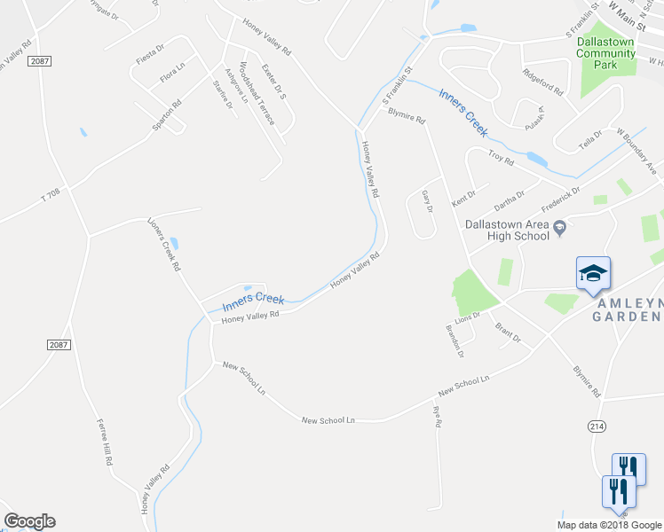 map of restaurants, bars, coffee shops, grocery stores, and more near 3150 Honey Valley Road in Dallastown