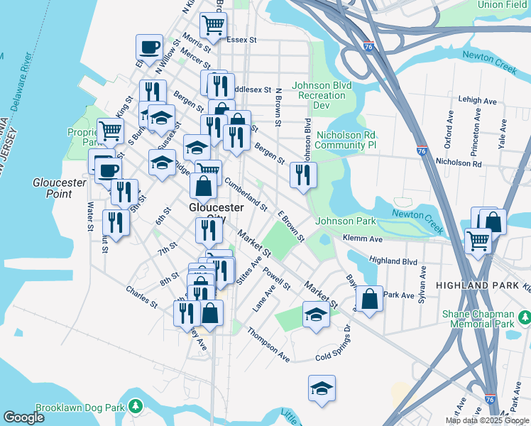 map of restaurants, bars, coffee shops, grocery stores, and more near 846 Cumberland Street in Gloucester City