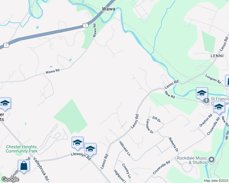 map of restaurants, bars, coffee shops, grocery stores, and more near 440 Lenni Road in Aston