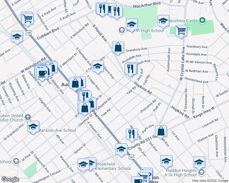 map of restaurants, bars, coffee shops, grocery stores, and more near 138 Lafayette Road in Audubon