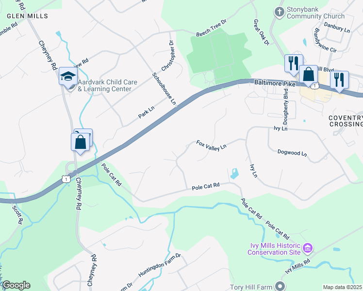 map of restaurants, bars, coffee shops, grocery stores, and more near 79 Fox Valley Lane in Glen Mills