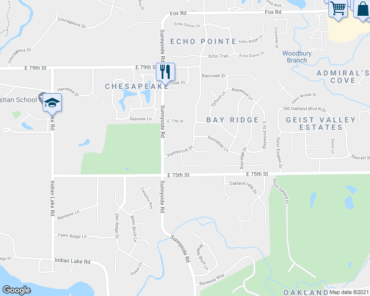 map of restaurants, bars, coffee shops, grocery stores, and more near 7584 Pennycroft Drive in Indianapolis