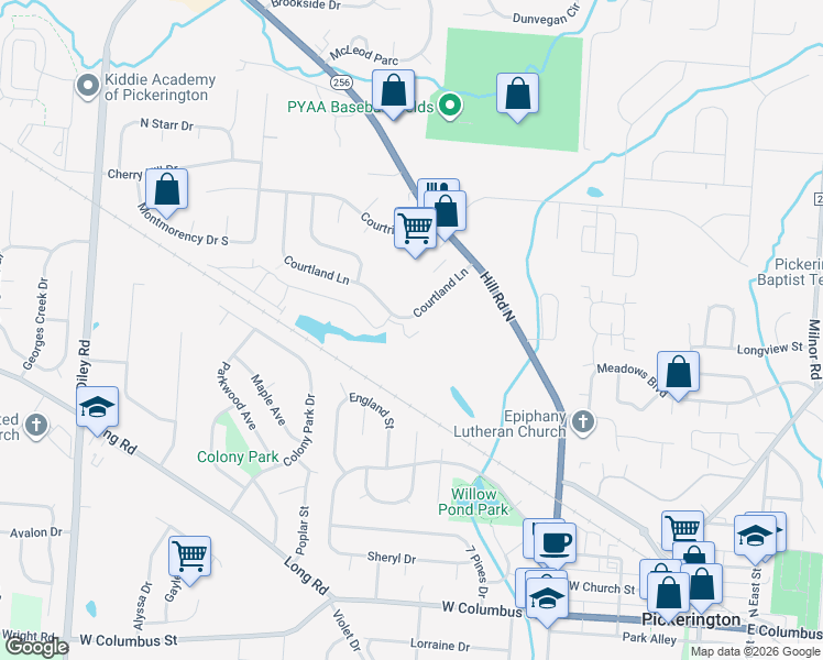 map of restaurants, bars, coffee shops, grocery stores, and more near 150 Lakepoint Court in Pickerington