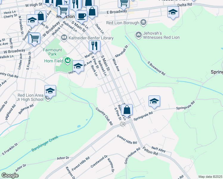 map of restaurants, bars, coffee shops, grocery stores, and more near 615 South Pine Street in Red Lion