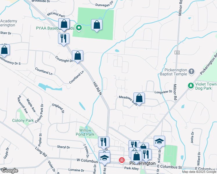 map of restaurants, bars, coffee shops, grocery stores, and more near 134 Alexander Lawrence Drive in Pickerington
