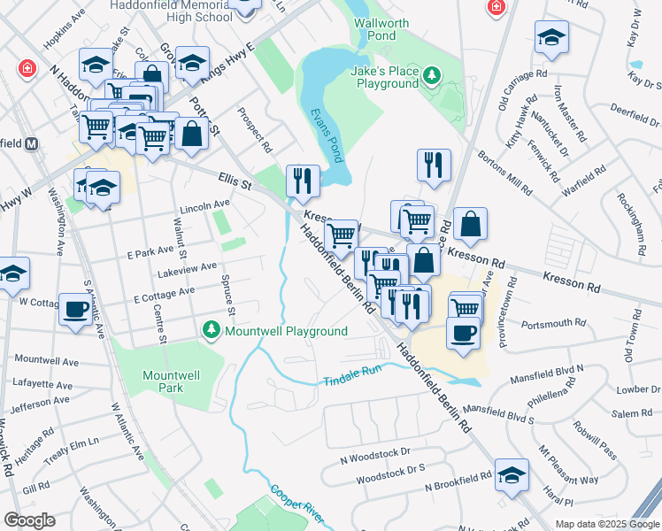 map of restaurants, bars, coffee shops, grocery stores, and more near 76 Haddonfield-Berlin Road in Cherry Hill