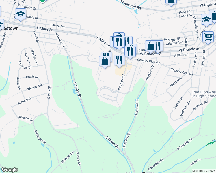 map of restaurants, bars, coffee shops, grocery stores, and more near 275 Country Ridge Drive in Red Lion