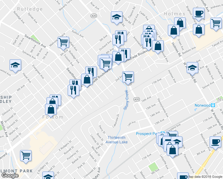 map of restaurants, bars, coffee shops, grocery stores, and more near 124 Springfield Avenue in Folsom
