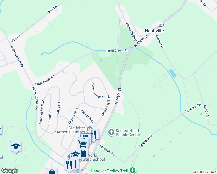 map of restaurants, bars, coffee shops, grocery stores, and more near Monocacy Trail in Spring Grove