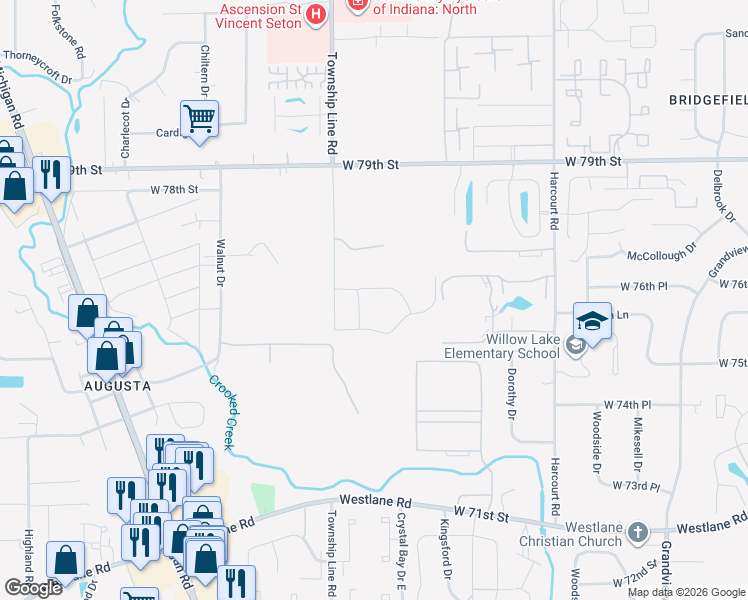 map of restaurants, bars, coffee shops, grocery stores, and more near 7676 Horsetail Drive in Indianapolis