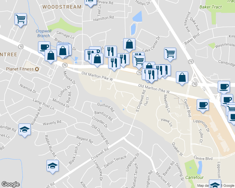 map of restaurants, bars, coffee shops, grocery stores, and more near 250 Fir Tree Court in Evesham Township