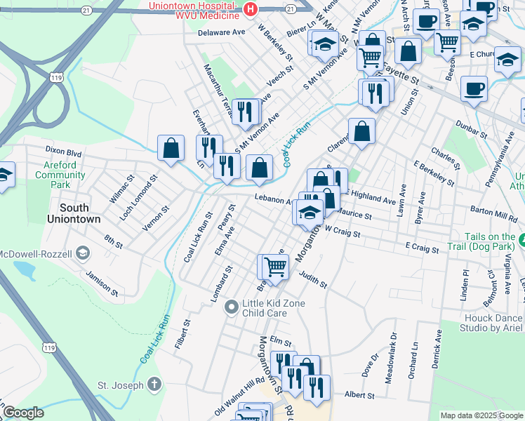map of restaurants, bars, coffee shops, grocery stores, and more near 10 Victoria Street in Uniontown