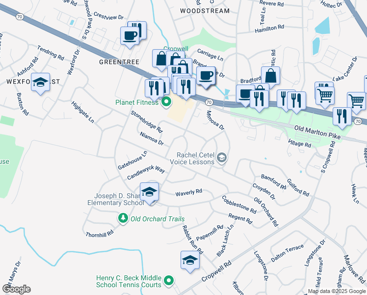 map of restaurants, bars, coffee shops, grocery stores, and more near 22 East Split Rock Drive in Cherry Hill