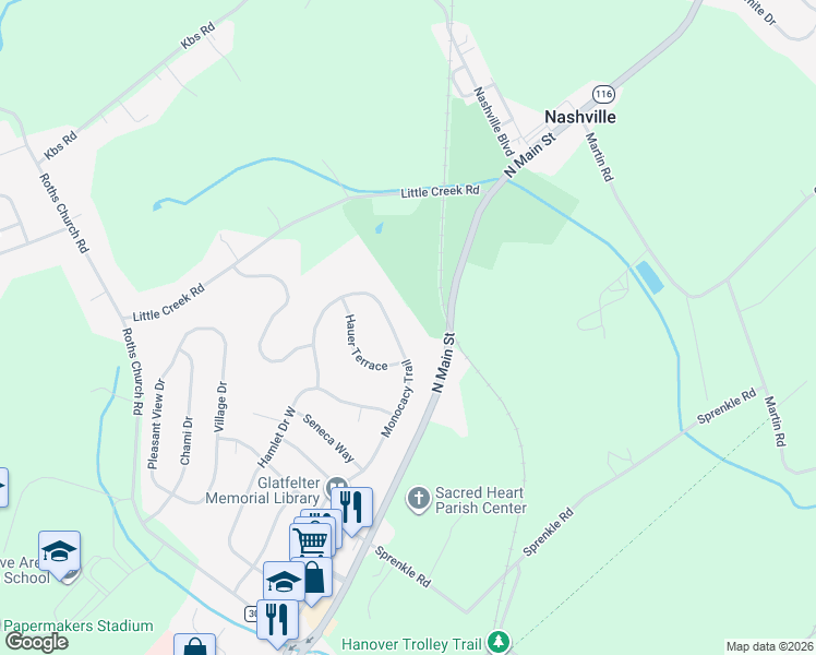 map of restaurants, bars, coffee shops, grocery stores, and more near 536 Monocacy Trail in Spring Grove