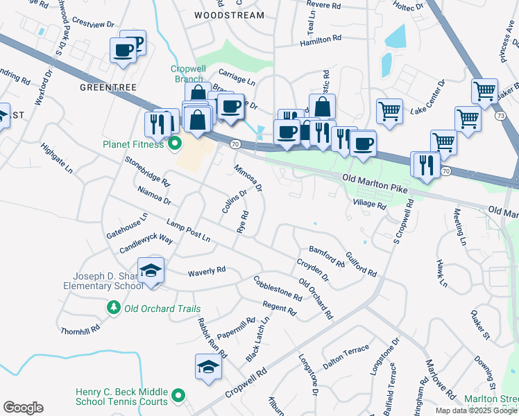 map of restaurants, bars, coffee shops, grocery stores, and more near 106 Rye Road in Cherry Hill