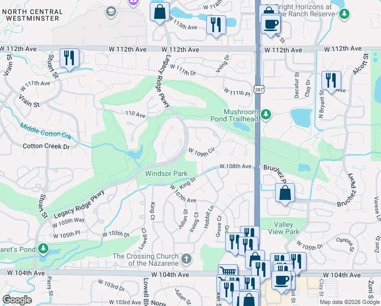 map of restaurants, bars, coffee shops, grocery stores, and more near 3342 West 109th Circle in Westminster