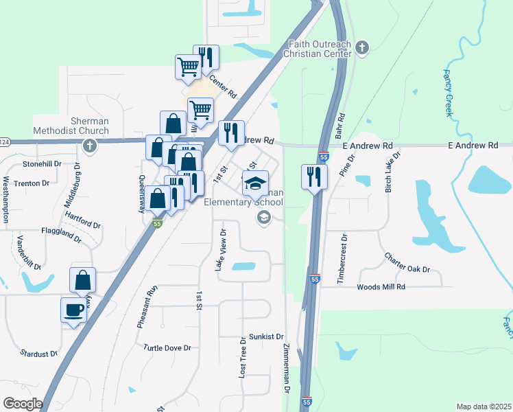 map of restaurants, bars, coffee shops, grocery stores, and more near 312 South Street in Sherman