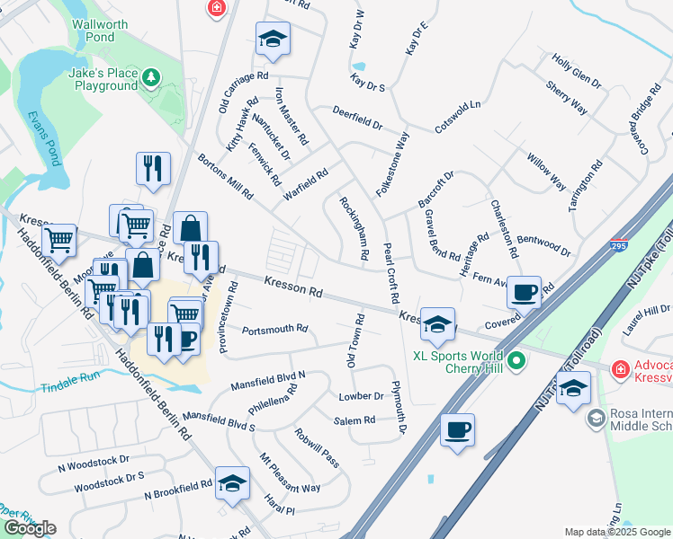 map of restaurants, bars, coffee shops, grocery stores, and more near 359 Bortons Mill Road in Cherry Hill