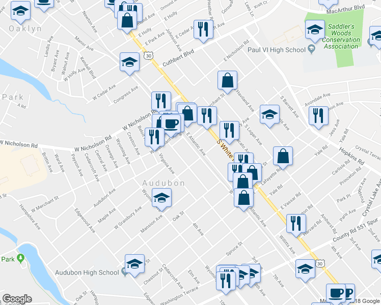 map of restaurants, bars, coffee shops, grocery stores, and more near 140 West Atlantic Avenue in Audubon