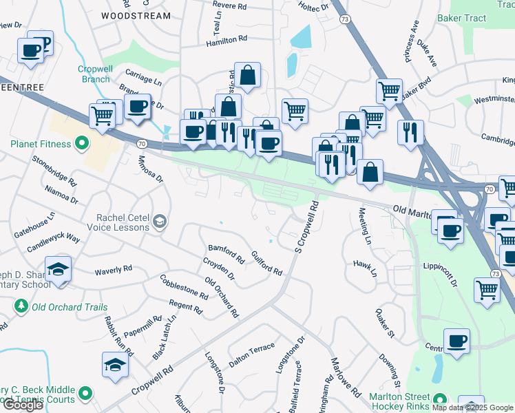map of restaurants, bars, coffee shops, grocery stores, and more near 250 Fir Tree Court in Evesham Township