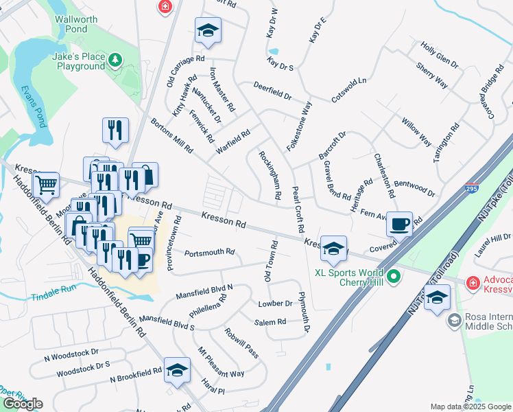 map of restaurants, bars, coffee shops, grocery stores, and more near 359 Bortons Mill Road in Cherry Hill