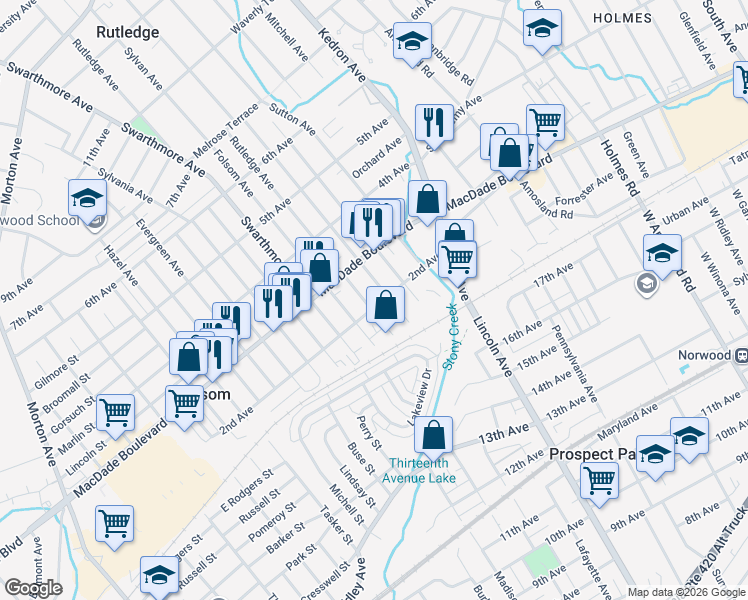 map of restaurants, bars, coffee shops, grocery stores, and more near 131 Rutledge Avenue in Folsom